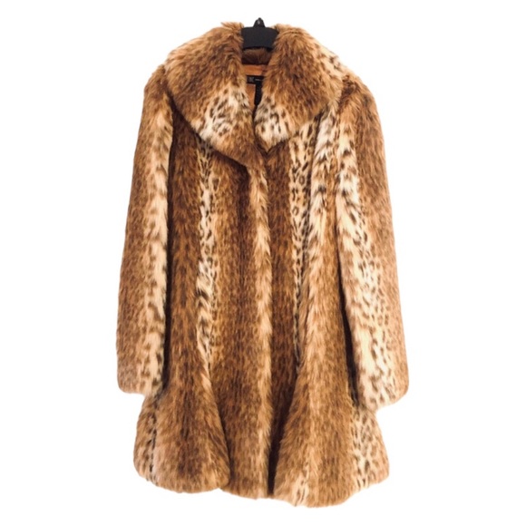 INC Leopard Faux Fur Collared Coat Flare Hem Pockets - Picture 1 of 10